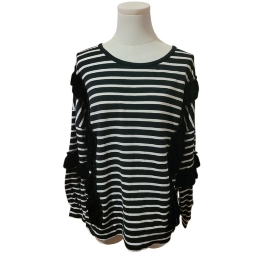 Crown & Ivy Velvet Soft Black White Ruffled Striped Sweater Size Large Petite